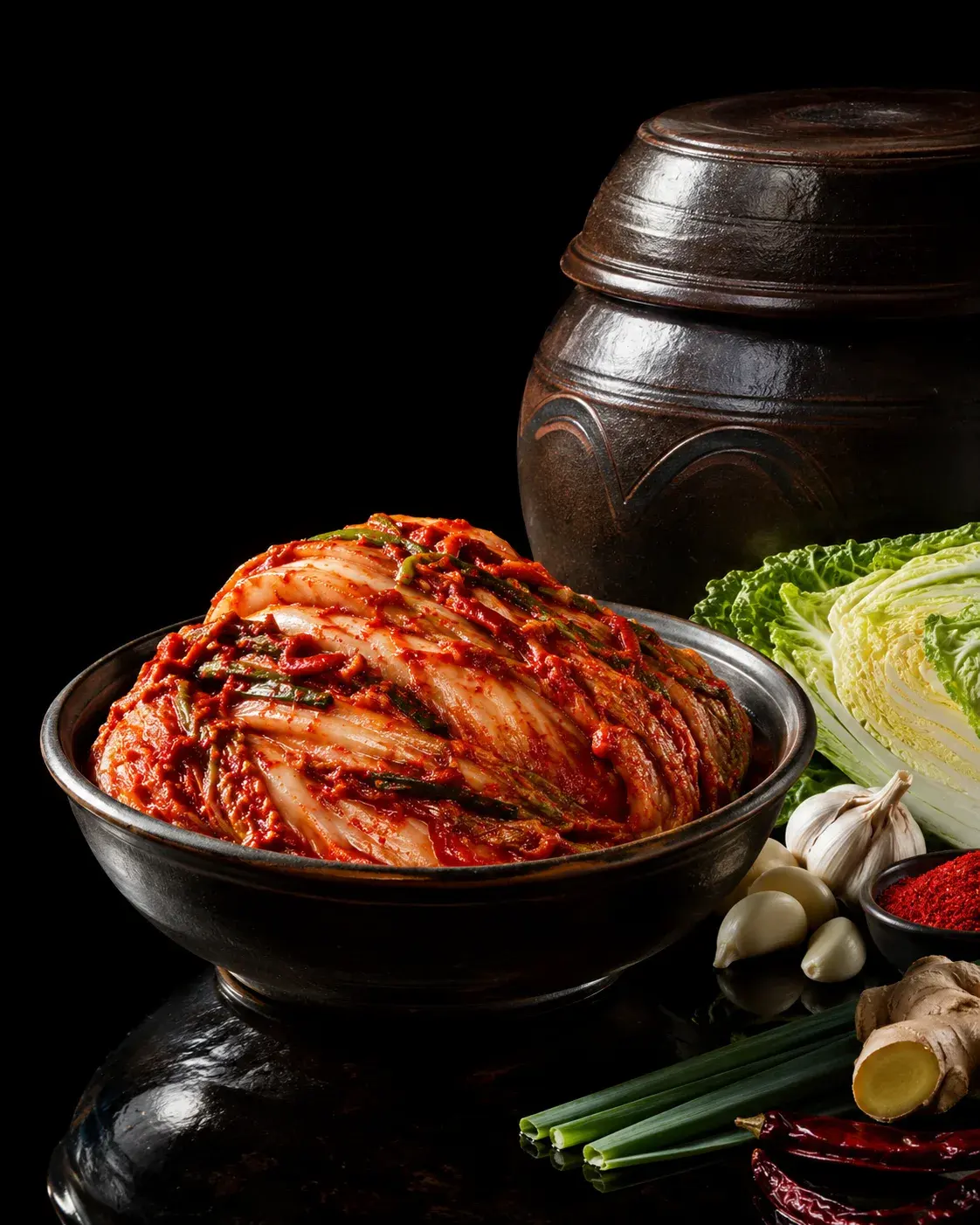 Fertiges Kimchi vor einem Onggi-Krug